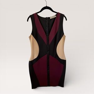Mystic Colorblock Bodycon Sheath Shell Dress Size L Black Tan Burgundy